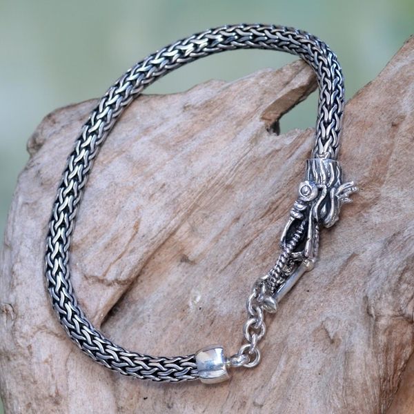 Alternate image for Sterling Silver Wheat Chain Bracelet with Dragon Head Clasp Dragon Tale