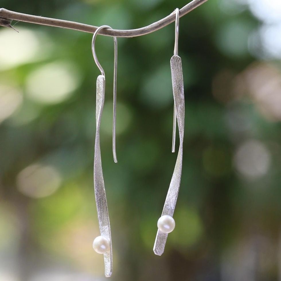 Modern Cultured Pearl Drop Earrings Crafted in Bali 'Dewy Twist'