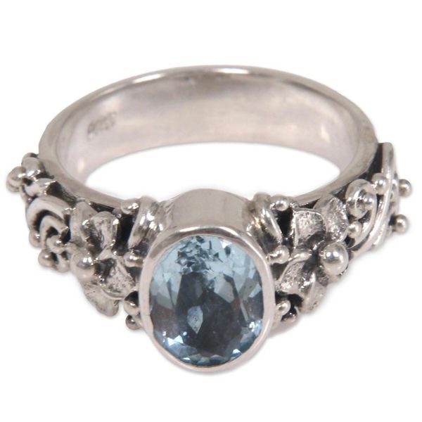 Alternate image for Oval Cut Blue Topaz and Silver Ring with Floral Design Frangipani Path
