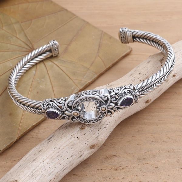 Alternate image for Sterling Silver and Amethyst Cuff Bracelet from Bali Hidden Gate in Purple