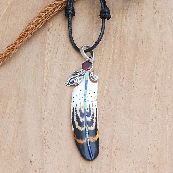 Alternate image for Feather Bone Garnet and Sterling Silver Pendant Necklace Neat Feathers