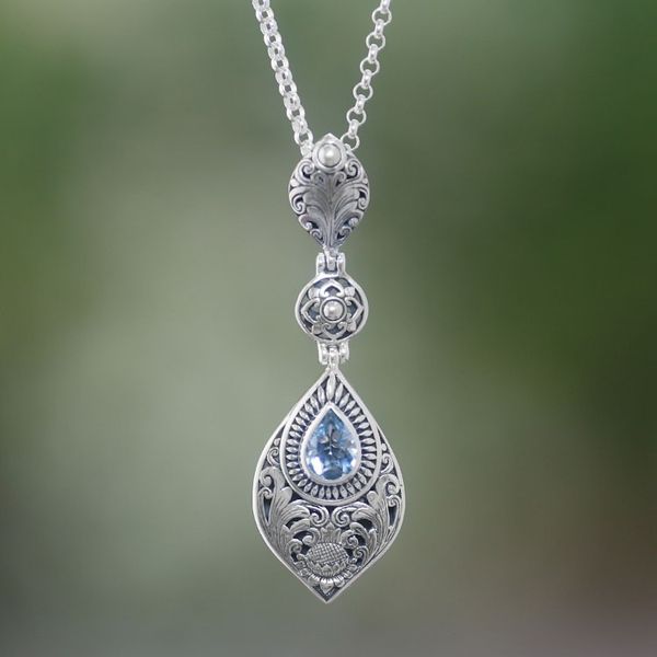 Alternate image for Floral Blue Topaz Pendant Necklace from Bali Tari Lotus