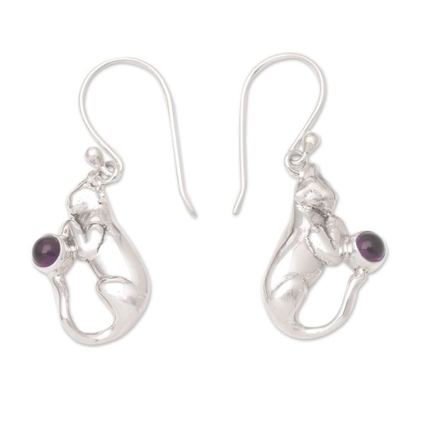 Alternate image for Handmade Sterling Silver and Amethyst Earrings Dreams of a Cat