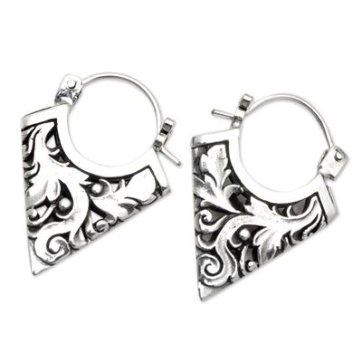 Alternate image for Geometric Leafy Sterling Silver Hoop Earrings from Bali Menjangan Peak