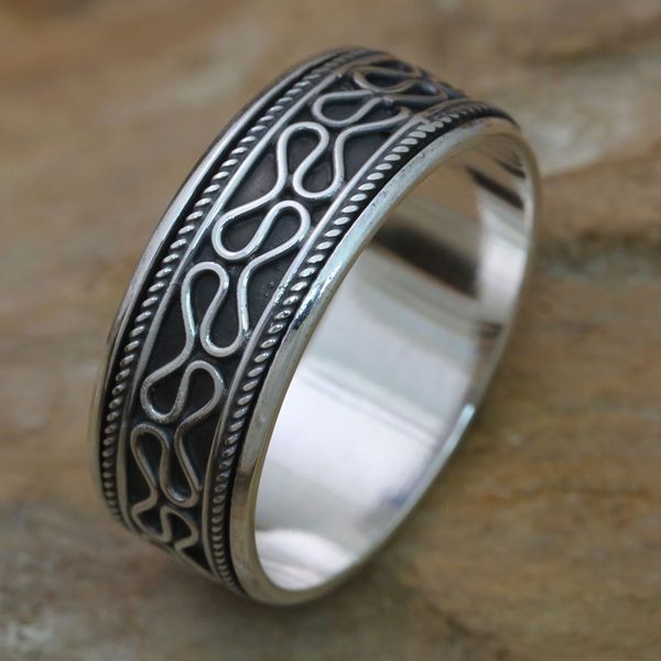 Alternate image for Sterling Silver Balinese Meditation Spinner Ring for Men Rolling Waves