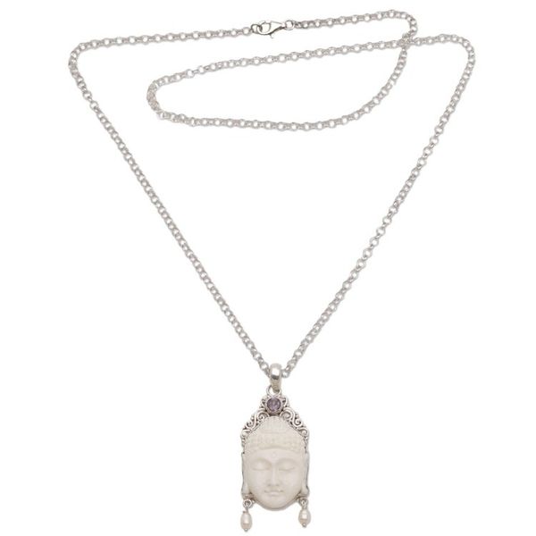 Alternate image for Amethyst Cultured Pearl and Bone Buddha Pendant Necklace Blessed Buddha