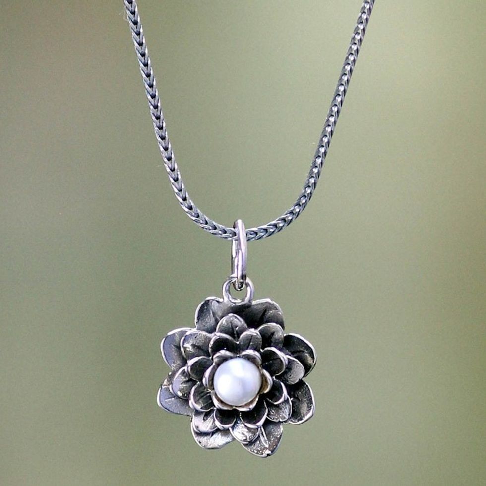 Sterling Silver and Pearl Pendant Necklace 'Sacred White Lotus'