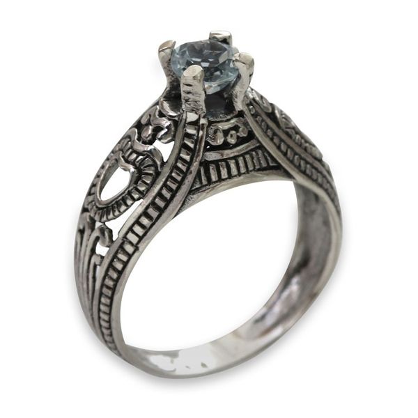 Alternate image for Balinese Blue Topaz Solitaire with Sterling Silver Cutouts Sukawati Sky