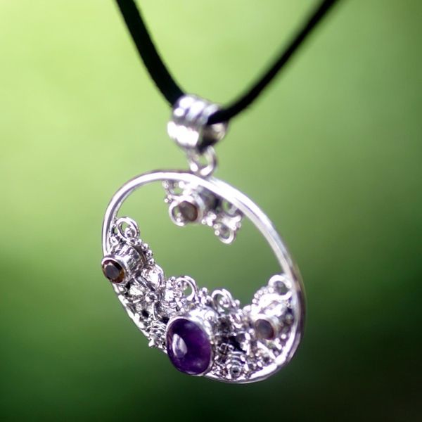 Alternate image for Citrine Amethyst and Sterling Silver Necklace Bali Jewelry Frangipani Moon
