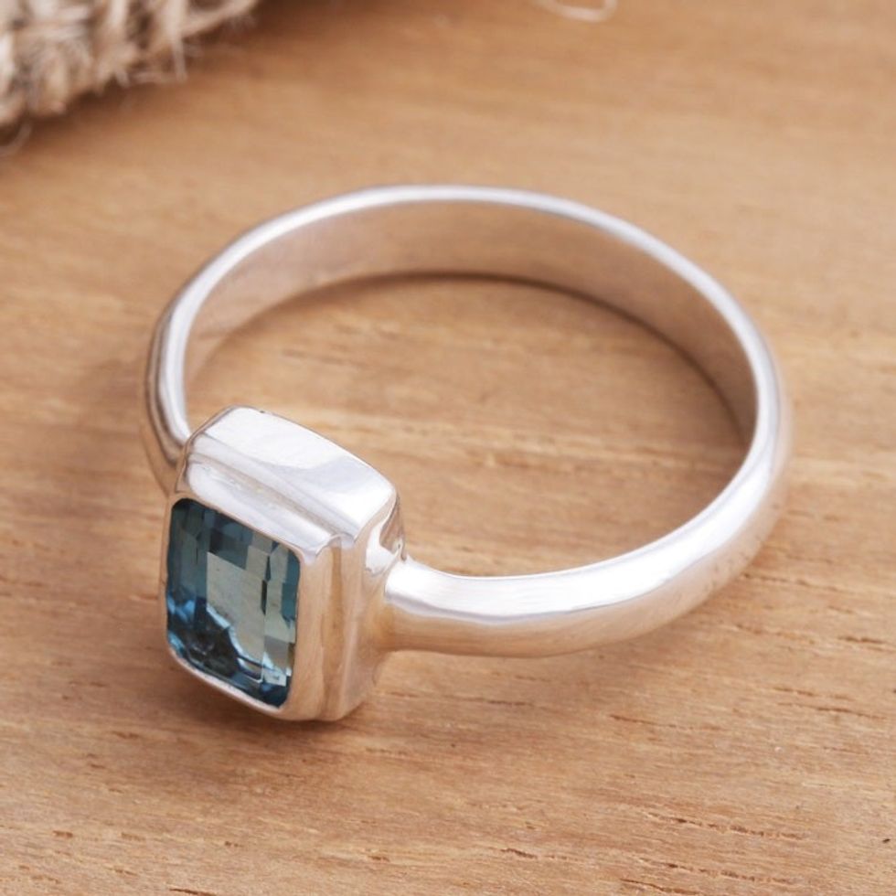 Faceted Rectangle Blue Topaz Sterling Silver Ring 'Blue Tablet'