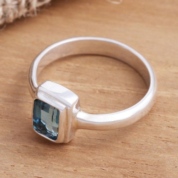 Alternate image for Faceted Rectangle Blue Topaz Sterling Silver Ring Blue Tablet