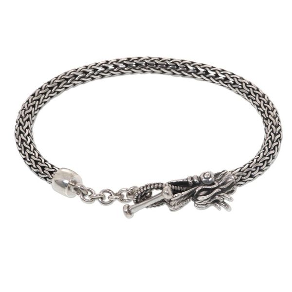 Alternate image for Sterling Silver Wheat Chain Bracelet with Dragon Head Clasp Dragon Tale