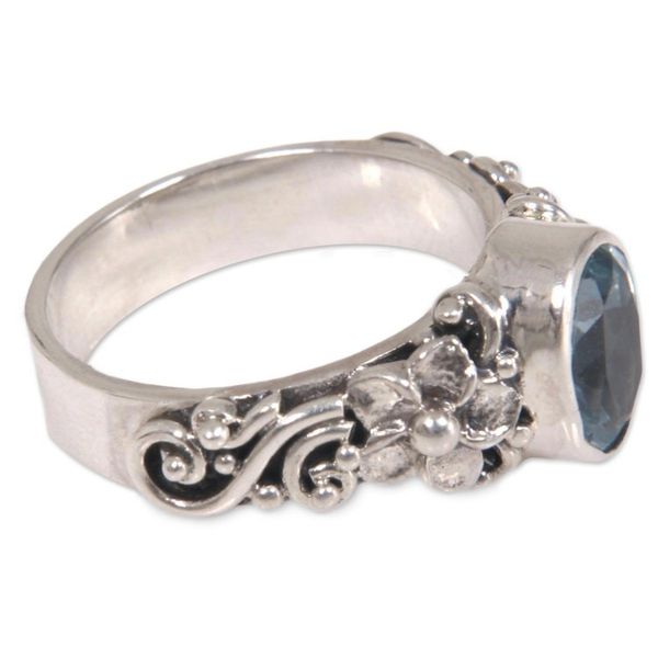 Alternate image for Oval Cut Blue Topaz and Silver Ring with Floral Design Frangipani Path