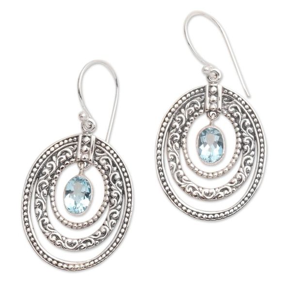 Alternate image for Concentric Circle Blue Topaz Earrings Balinese Motif Inner Circles in Blue