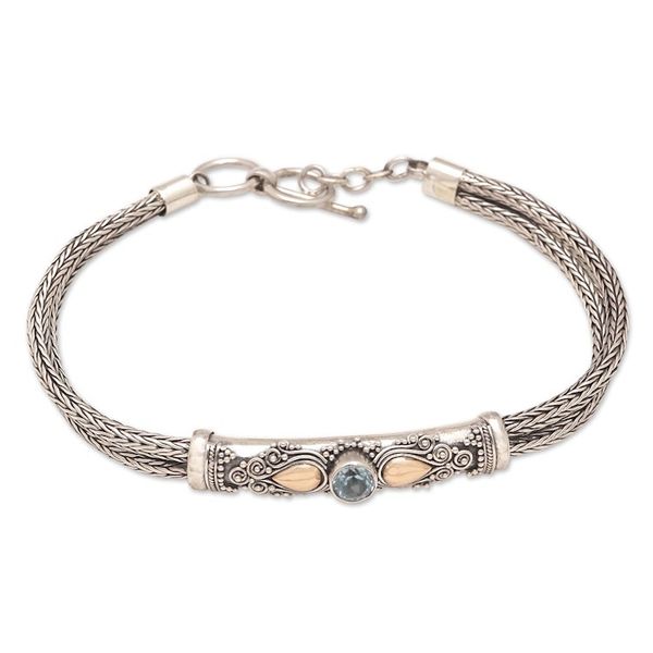 Alternate image for Blue Topaz Naga Chain Bracelet with Gold-Accented Pendant Front to Back in Blue