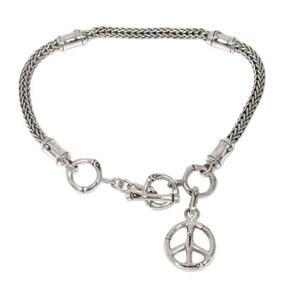 Alternate image for Artisan Crafted Sterling Silver Bracelet with Peace Charm Peaceful Bamboo