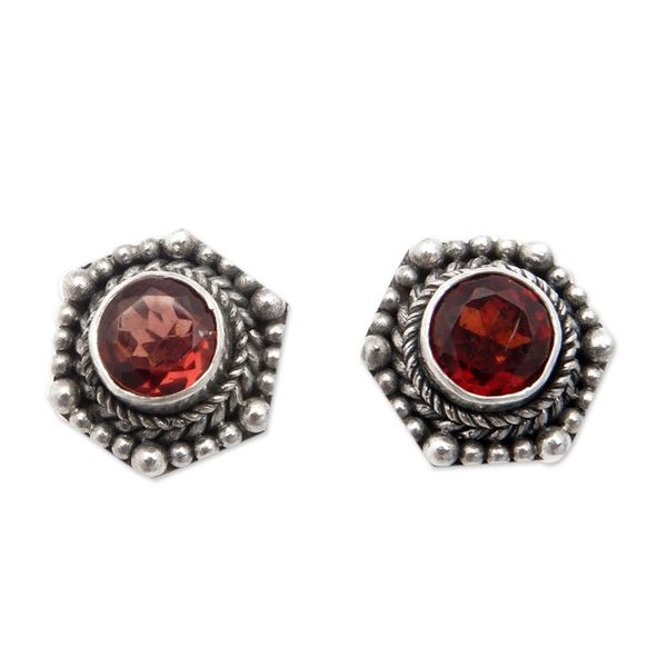Alternate image for Geometric Sterling Silver Stud Earrings with Garnet Stones Passion Core