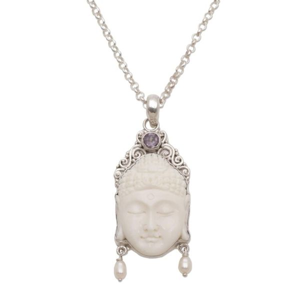 Alternate image for Amethyst Cultured Pearl and Bone Buddha Pendant Necklace Blessed Buddha