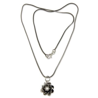 Alternate image for Sterling Silver and Pearl Pendant Necklace Sacred White Lotus