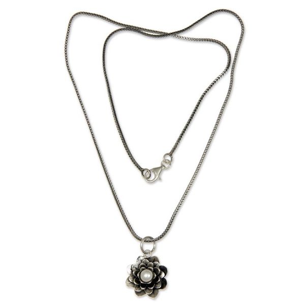 Alternate image for Sterling Silver and Pearl Pendant Necklace Sacred White Lotus