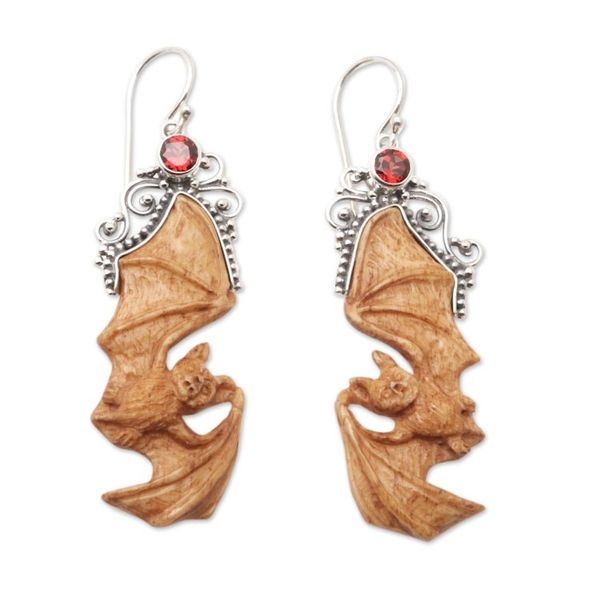 Alternate image for Garnet Sterling Silver and Bone Bat-Themed Dangle Earrings Brown Bats
