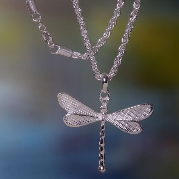 Alternate image for Hand Crafted Sterling Silver Necklace with Dragonfly Pendant White Dragonfly