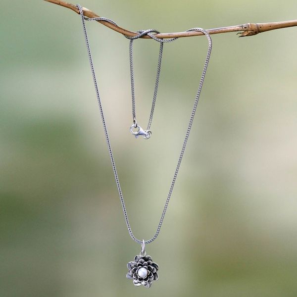 Alternate image for Sterling Silver and Pearl Pendant Necklace Sacred White Lotus