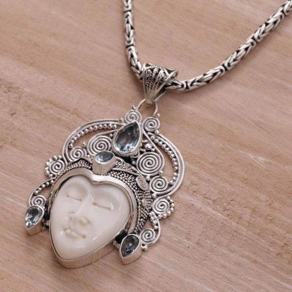 Alternate image for Blue Topaz and Sterling Silver Face Necklace form Bali Bedugul Prince