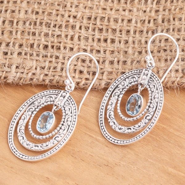 Alternate image for Concentric Circle Blue Topaz Earrings Balinese Motif Inner Circles in Blue