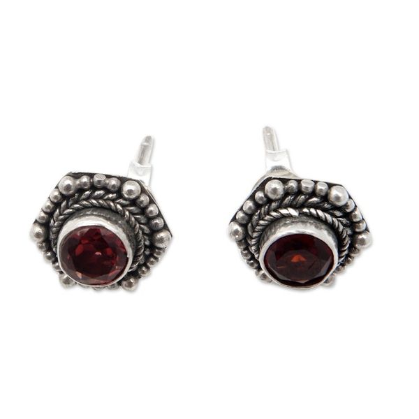Alternate image for Geometric Sterling Silver Stud Earrings with Garnet Stones Passion Core