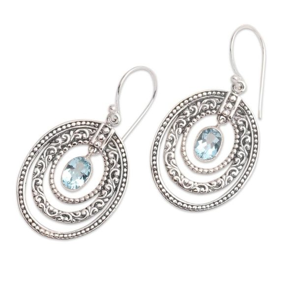 Alternate image for Concentric Circle Blue Topaz Earrings Balinese Motif Inner Circles in Blue