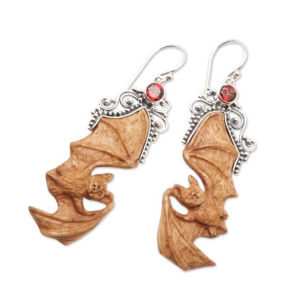 Alternate image for Garnet Sterling Silver and Bone Bat-Themed Dangle Earrings Brown Bats