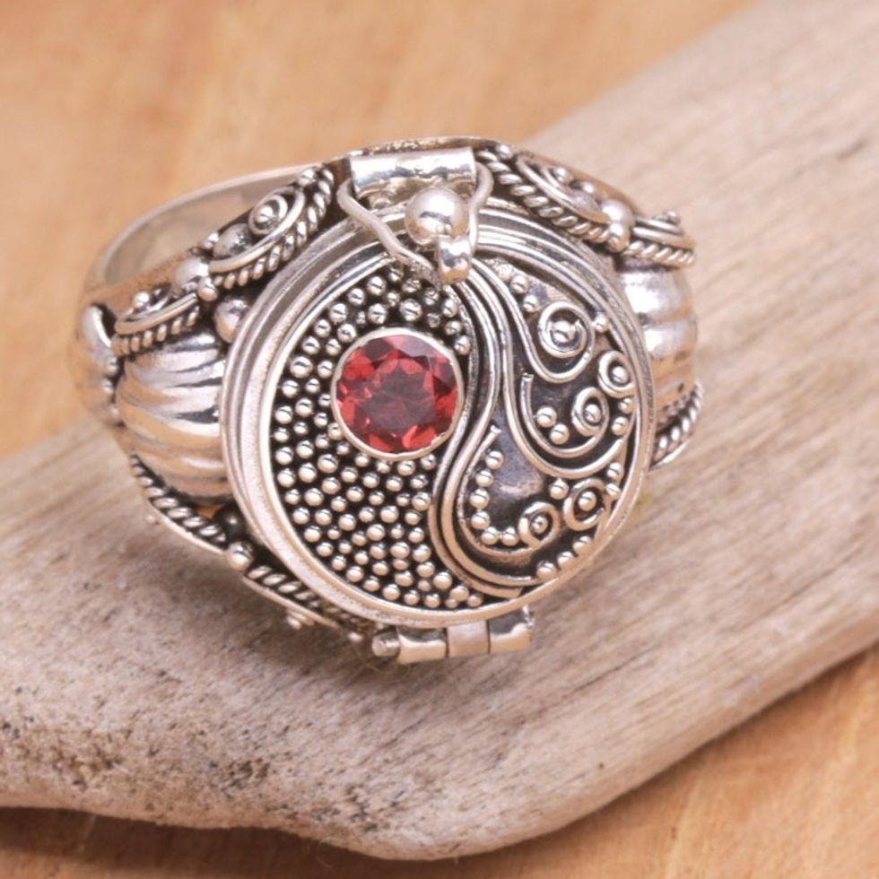 Sterling Silver Garnet Locket Ring from Bali 'Precious Swirl'