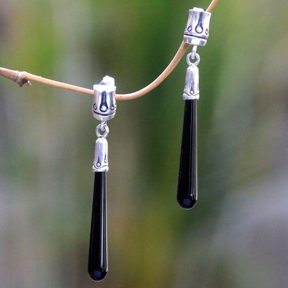 Artisan Crafted Onyx and Sterling Silver Dangle Earrings 'Black Wand'