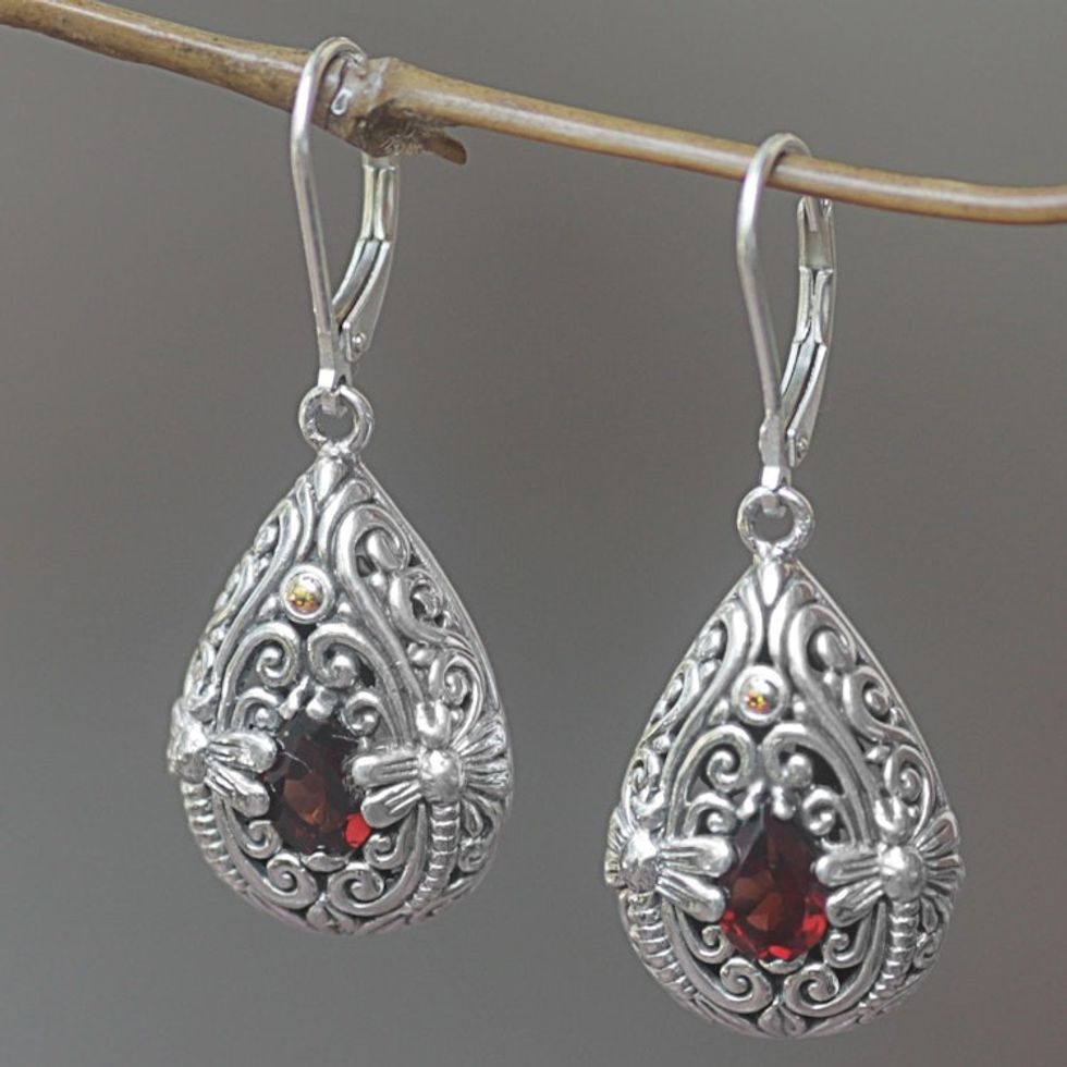 Garnet and Sterling Silver Handmade Dragonfly Earrings 'Dragonfly Duet'