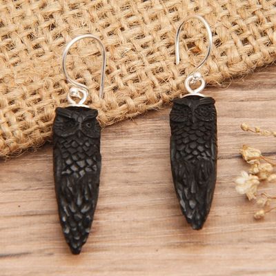 Alternate image for Dark Horn Owl-Shaped Dangle Earrings Hand-Carved in Bali Night Owls