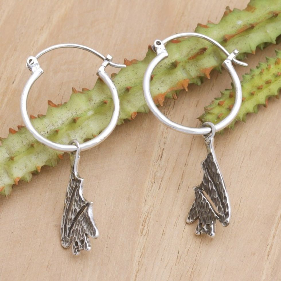 Sterling Silver Whimsical Bat Hoop Dangle Earrings 'Nocturnal Presence'