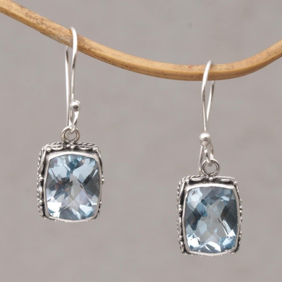 Blue Topaz and Sterling Silver Dangle Earrings from Bali 'Temple Gleam'