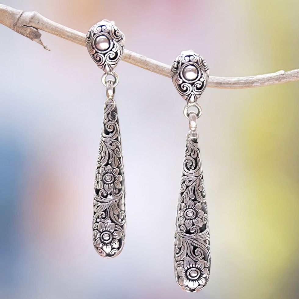 Drop-Shaped Floral Sterling Silver Dangle Earrings from Bali 'Drops from the Garden'