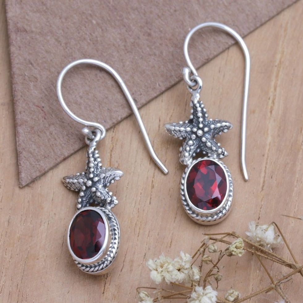 Sterling Silver Marine Dangle Earrings with Garnet Gemstones 'Passionate Star'