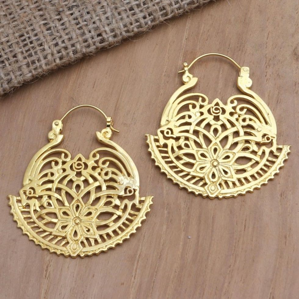 Artisan Made Gold-Plated Brass Hoop Earrings 'Swaying Blossoms'