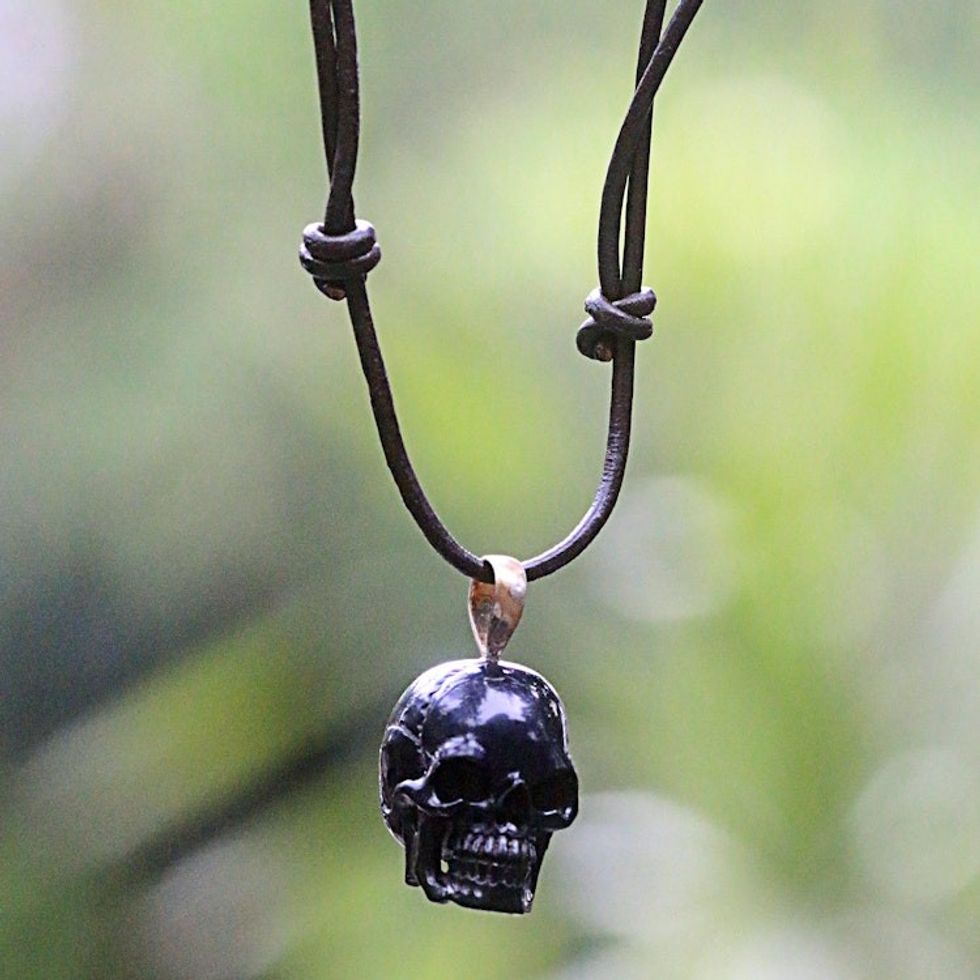 Carved Bone Skull Pendant on Cord Handmade in Indonesia 'Black Skull'