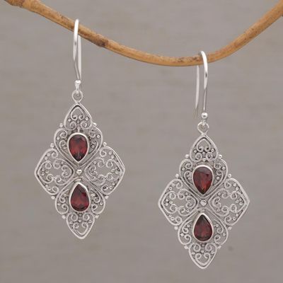 Alternate image for Ornate Dangle Earrings with Garnets and Sterling Silver Besakih Beauty