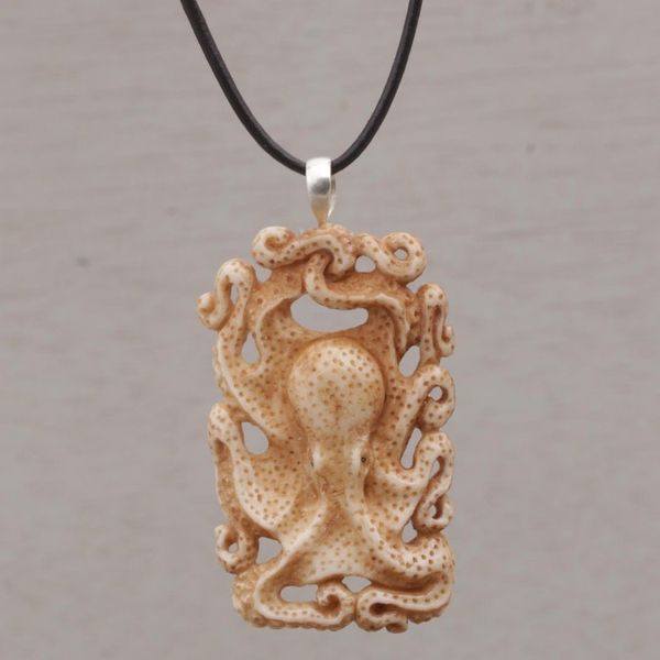 Alternate image for Handcrafted Bone Octopus Pendant Necklace from Bali Octopus Refuge