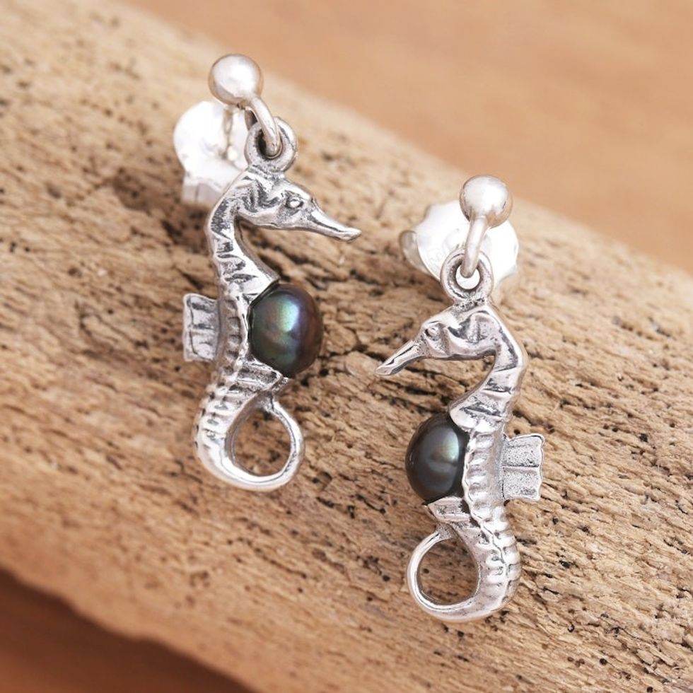 Bali Sterling Silver Seahorse Earrings with Dark Pearls 'Amed Night Seahorse'