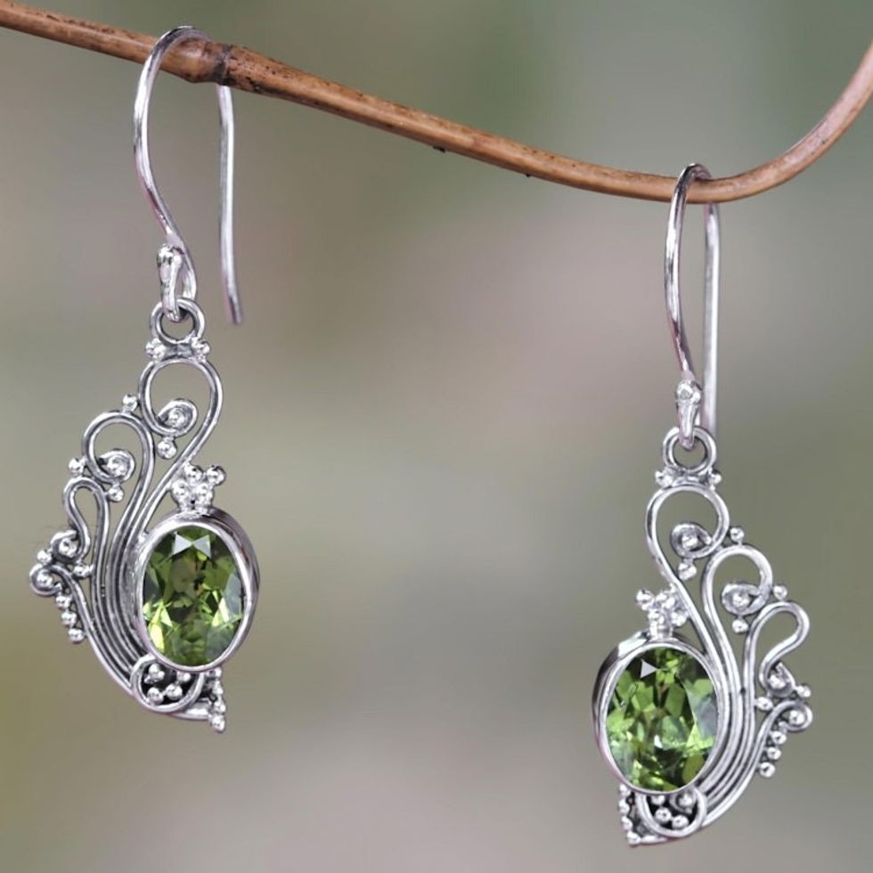 Lacy Peridot and Sterling Silver Dangle Earrings 'Green Peacock's Feather'