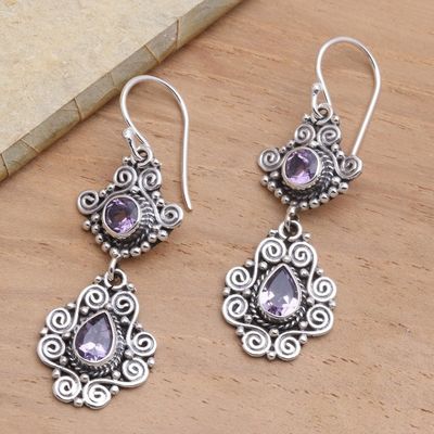 Alternate image for Amethyst Dangle Earrings with Ornate Sterling Settings Garden Charm