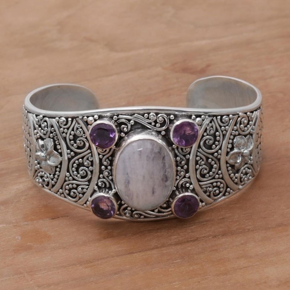 Rainbow Moonstone and Amethyst Cuff Bracelet from Bali 'Misty Bouquet'