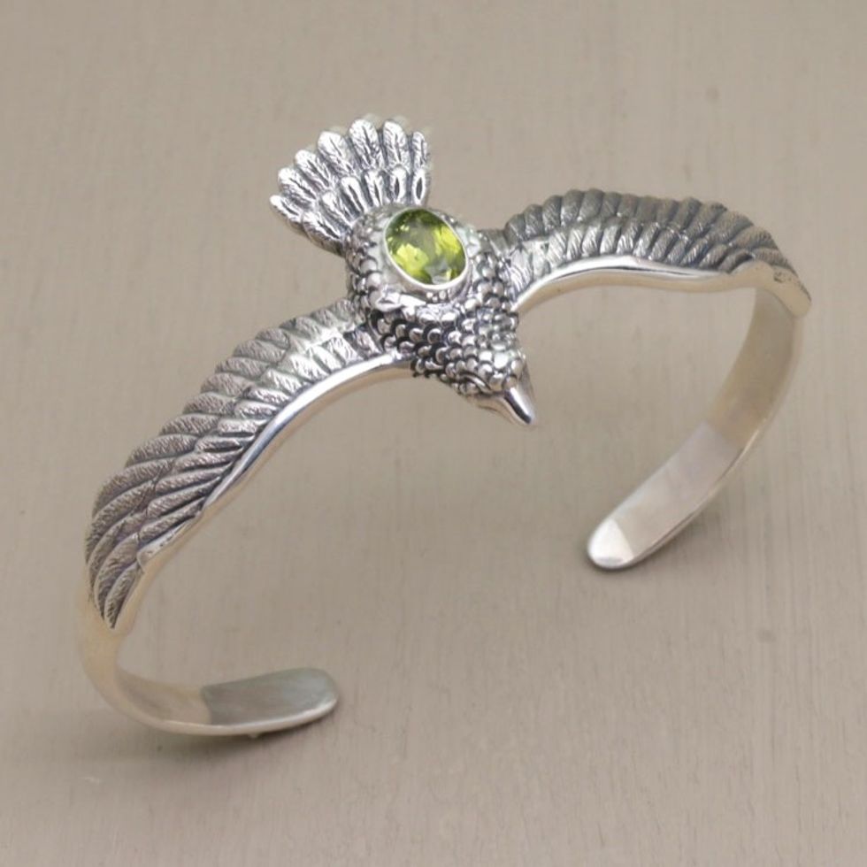 Peridot Hawk Motif Cuff Bracelet in Sterling Silver 'Spirit Hawk'