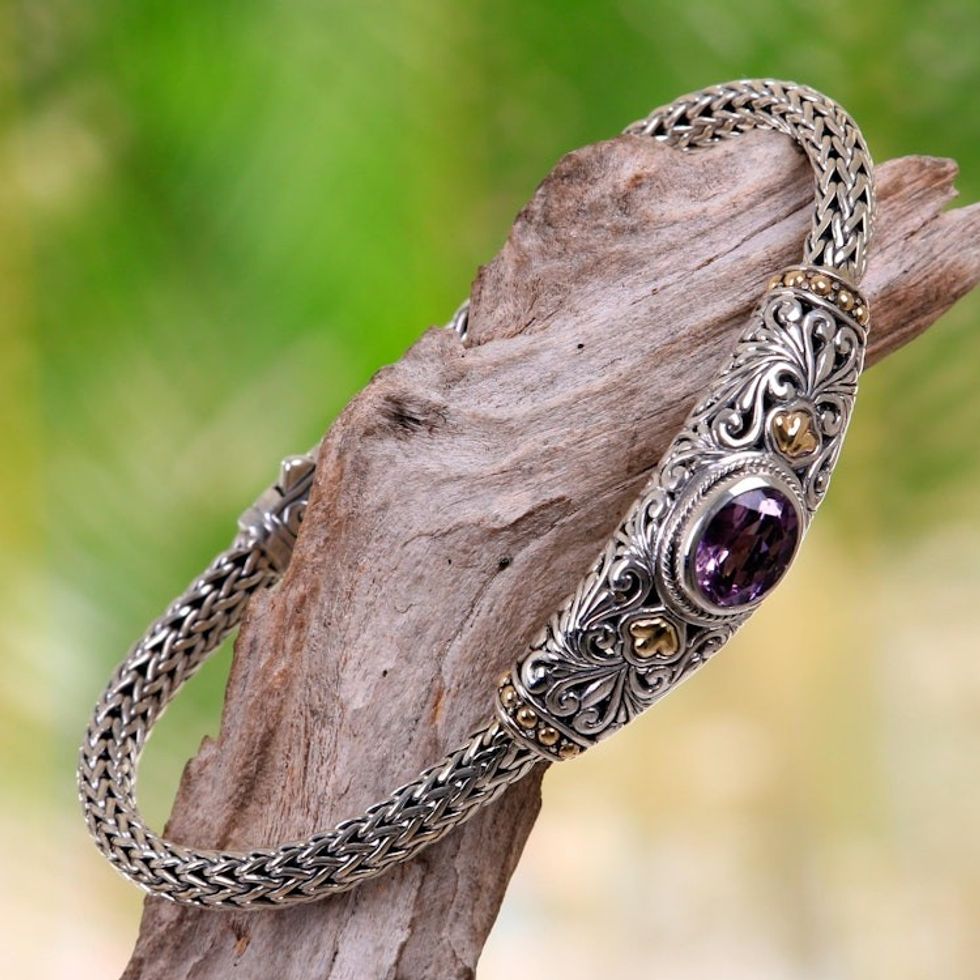 Handcrafted Balinese Gold Accent Silver Amethyst Bracelet 'Bedugul Garden'